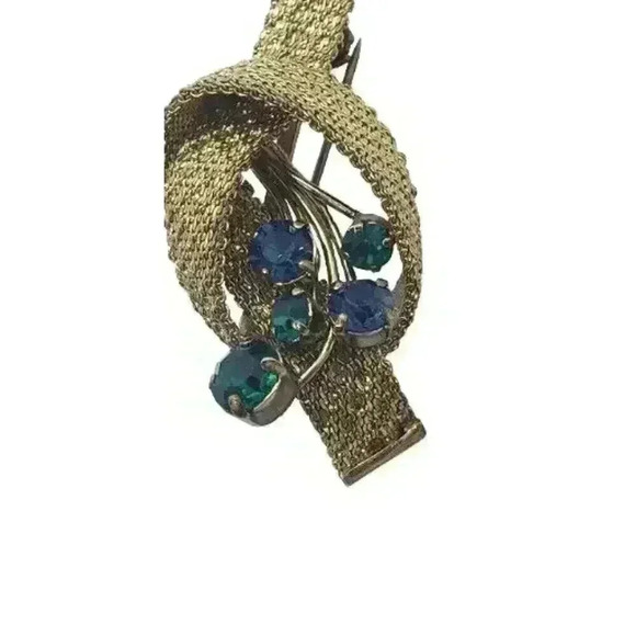 Vintage Brooch Mesh Ribbon Bow Blue & Green Rhinestone 1950s Gold Wash plated - Picture 4 of 10